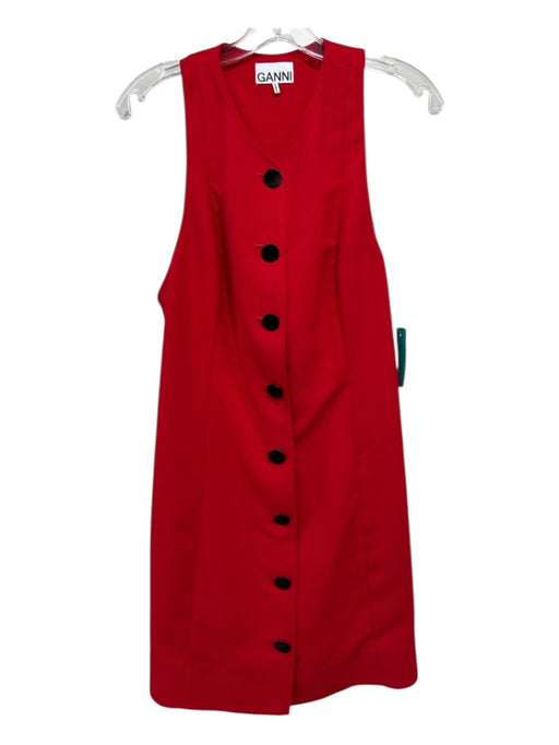 Ganni Size 40 Red Polyester Blend Sleeveless Paneled Black Button Detail Dress Red / 40