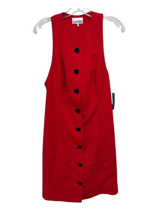 Ganni Size 40 Red Polyester Blend Sleeveless Paneled Black Button Detail Dress Red / 40