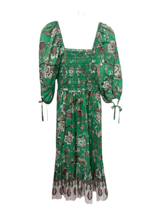 Cara Cara Size S Green, Brown, White Cotton Smocked Floral Print Dress Green, Brown, White / S