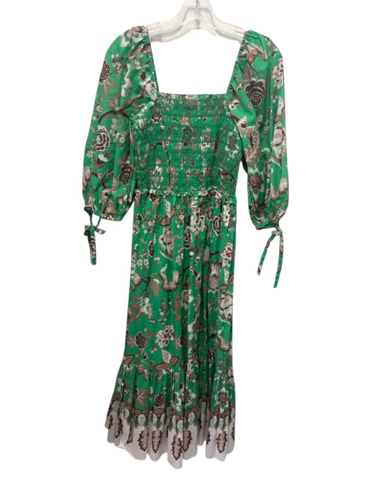 Cara Cara Size S Green, Brown, White Cotton Smocked Floral Print Dress Green, Brown, White / S