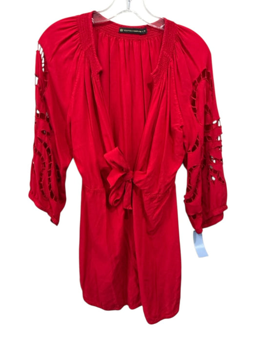 Vix Paula Hermanny Size L Red Viscose Long Sleeve Eyelet Deep V Dress Red / L