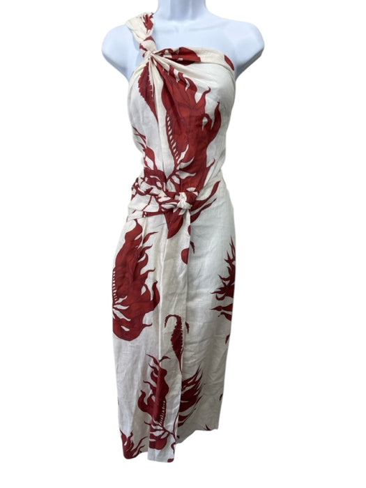 Johanna Ortiz Size M Ivory & Red Cotton Abstract Floral One Shoulder Dress Ivory & Red / M