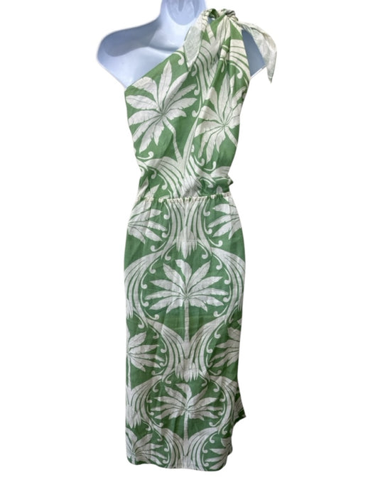 Johanna Ortiz Size 6 White & Green Cotton Abstract Floral One Shoulder Dress White & Green / 6
