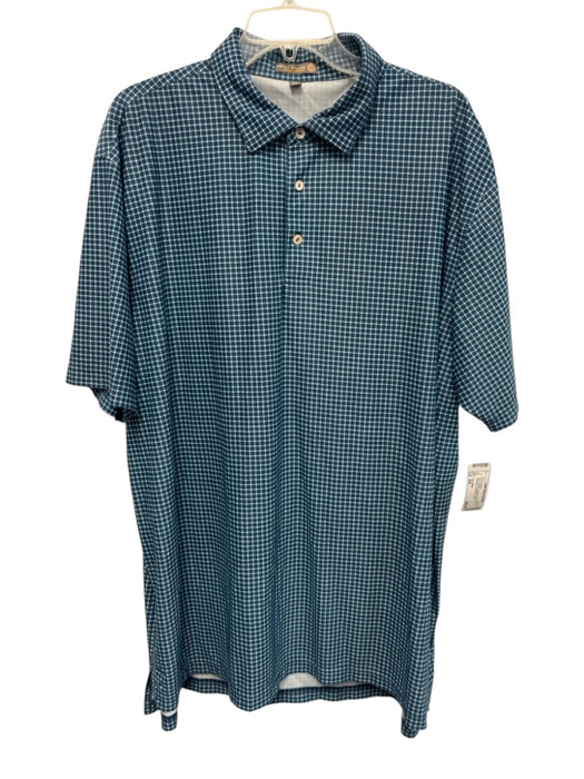 Peter Millar Size XXL Blue & White Synthetic Grid Polo Athleisure Short Sleeve Blue & White / XXL