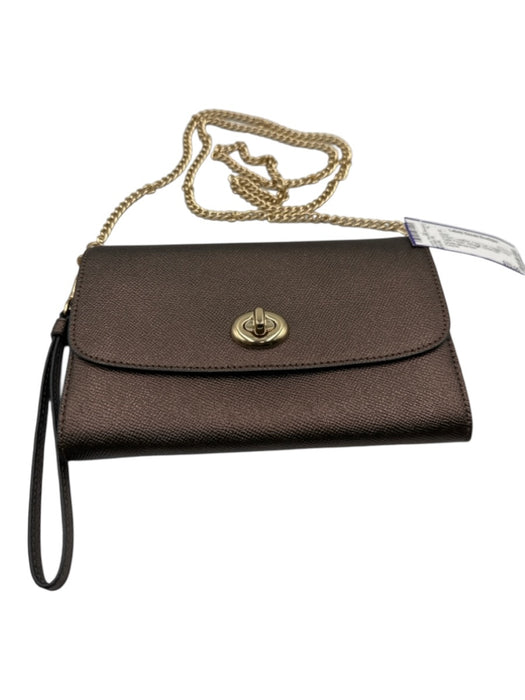 Coach Brown Leather Flap Top Toggle Close Satin Finish Wristlet Bag Brown