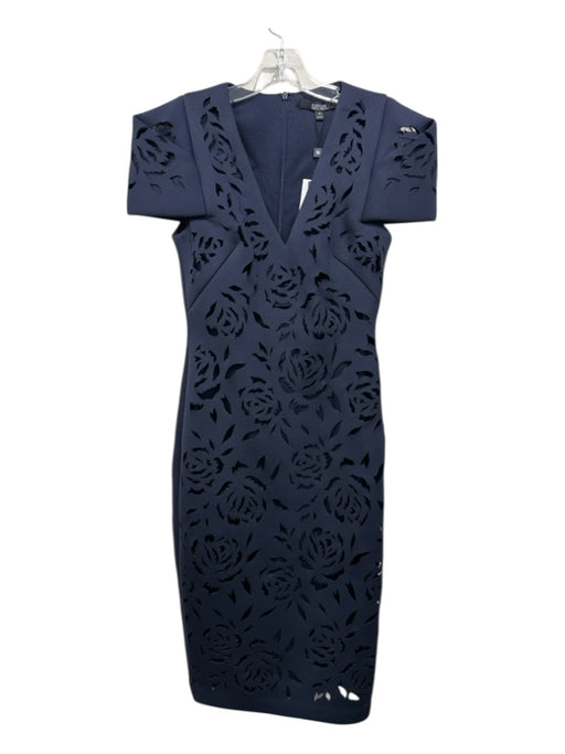 Badgley Mischka Size 4 Navy Blue Polyester Neoprene Laser Cut V Neck Dress Navy Blue / 4