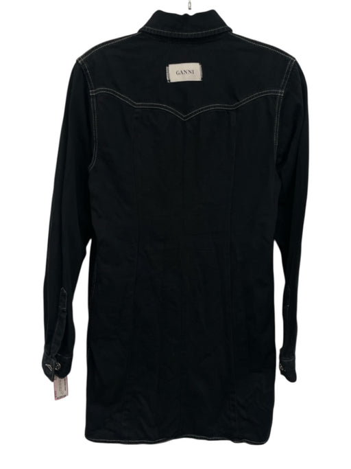 Ganni Size 38 Black Cotton Denim Button Up Long Sleeve Above Knee Dress Black / 38