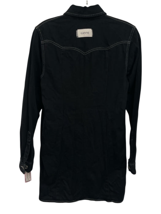 Ganni Size 38 Black Cotton Denim Button Up Long Sleeve Above Knee Dress Black / 38