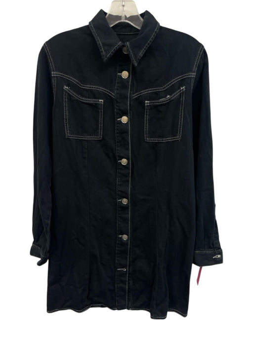 Ganni Size 38 Black Cotton Denim Button Up Long Sleeve Above Knee Dress Black / 38