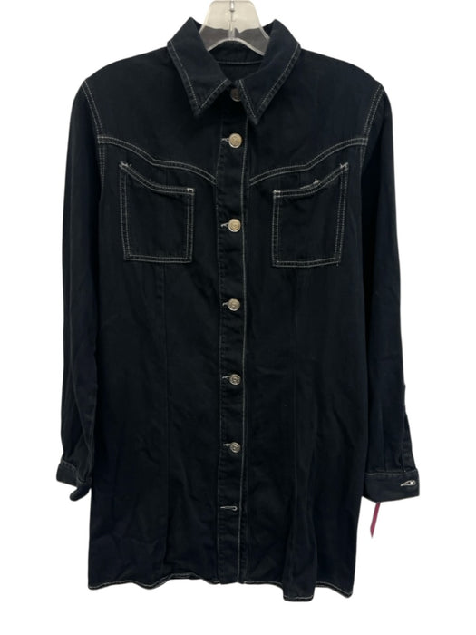 Ganni Size 38 Black Cotton Denim Button Up Long Sleeve Above Knee Dress Black / 38