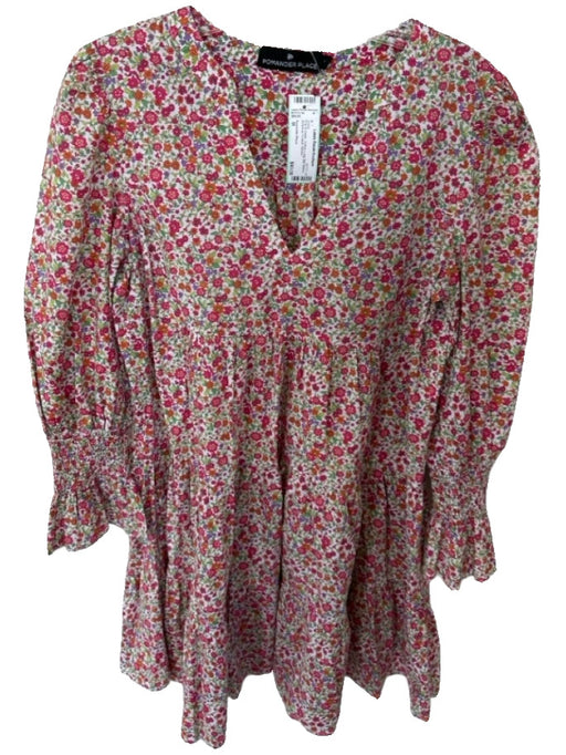 Pomander Place Size M Pink & Green Cotton Long Bell Sleeve Botanical Dress Pink & Green / M