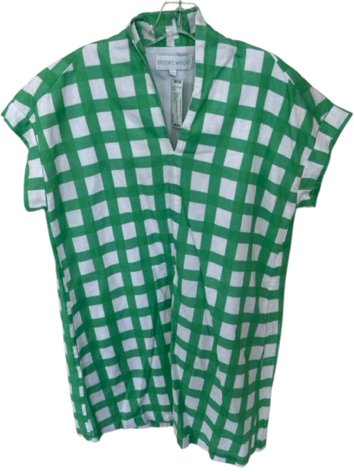 Brooke Wright Size L Green & White Cotton Short Sleeve Checkered V Neck Dress Green & White / L