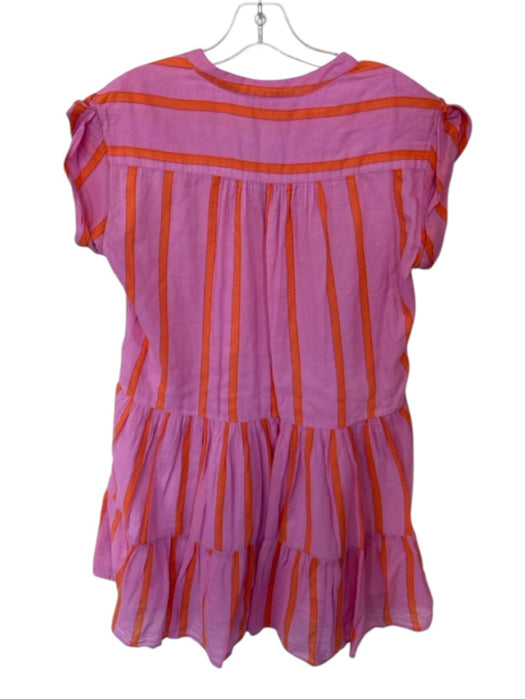 Oliphant Size M Pink & Orange Cotton Cap Sleeve Striped V Neck Dress Pink & Orange / M