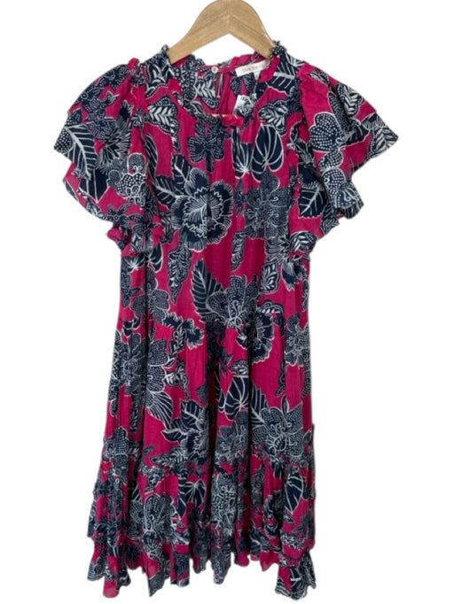 Love The Label Size M Magenta & Navy Cotton Flutter Sleeves Flowers Dress Magenta & Navy / M