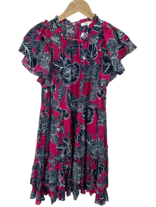 Love The Label Size M Magenta & Navy Cotton Flutter Sleeves Flowers Dress Magenta & Navy / M