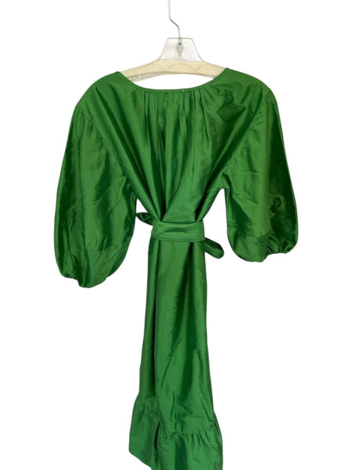 Ann Mashburn Size S Green Raw Silk Long Balloon Sleeve V Neck Sash Belt Dress Green / S