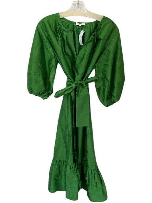Ann Mashburn Size S Green Raw Silk Long Balloon Sleeve V Neck Sash Belt Dress Green / S