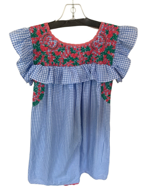 Mi Golondrina Size S Blue & Pink Cotton Short Sleeve Embroidered Flowers Dress Blue & Pink / S