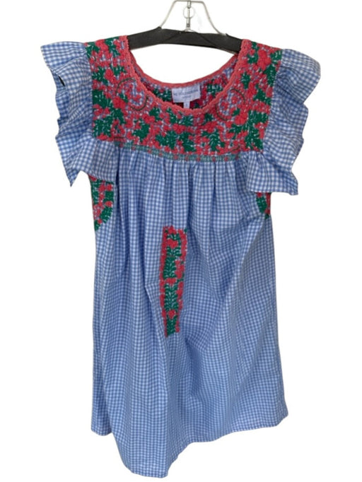 Mi Golondrina Size S Blue & Pink Cotton Short Sleeve Embroidered Flowers Dress Blue & Pink / S