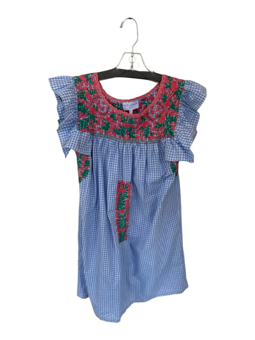 Mi Golondrina Size S Blue & Pink Cotton Short Sleeve Embroidered Flowers Dress Blue & Pink / S