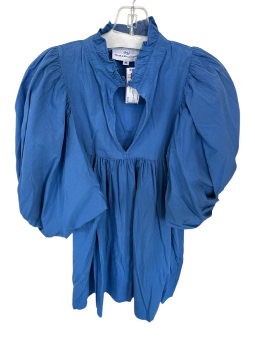 Never a Wallflower Size M Blue Cotton Long Balloon Sleeve Ruffle Collar Dress Blue / M