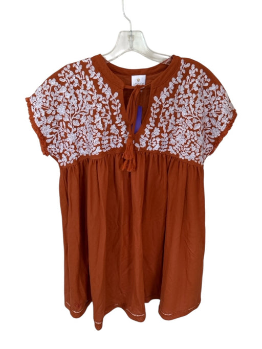 J. Marie Size S Rust & White Rayon Blend Short Sleeve Embroidered Fringe Dress Rust & White / S