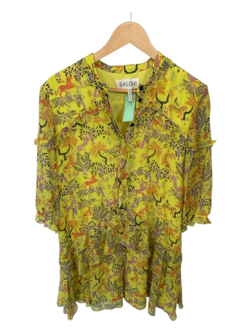 Saloni Size 6 Yellow & Orange Silk Long Sleeve Tigers Trees Button Down Dress Yellow & Orange / 6