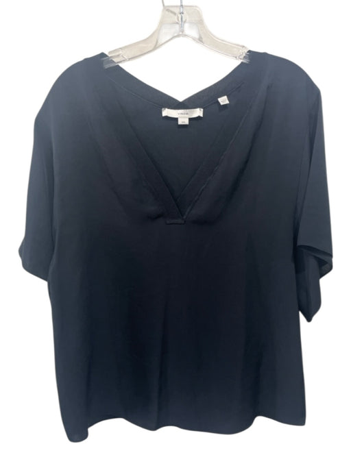 Vince Size M Black Triacetate Short Sleeve V Neck Boxy Ribbed Trim Top Black / M