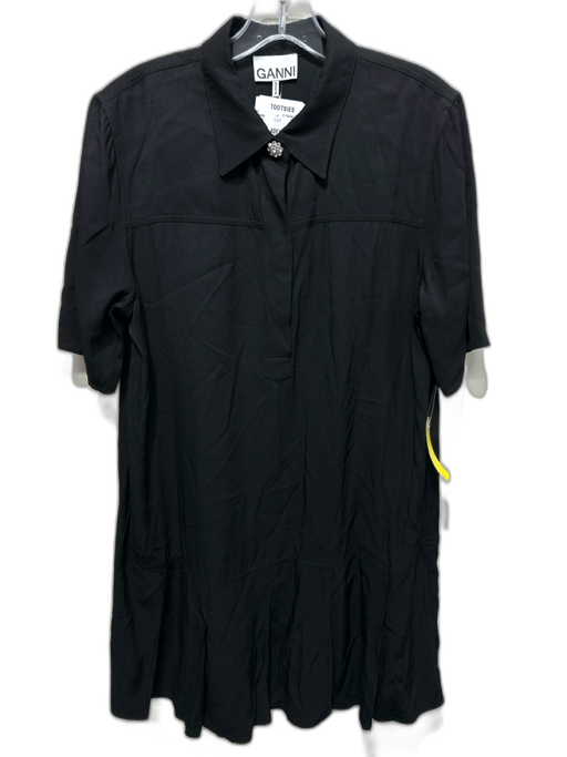 Ganni Size m / 40 Black Viscose Blend Short Sleeve Collar Half Button Dress Black / m / 40