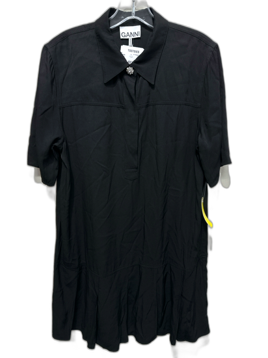 Ganni Size m / 40 Black Viscose Blend Short Sleeve Collar Half Button Dress Black / m / 40