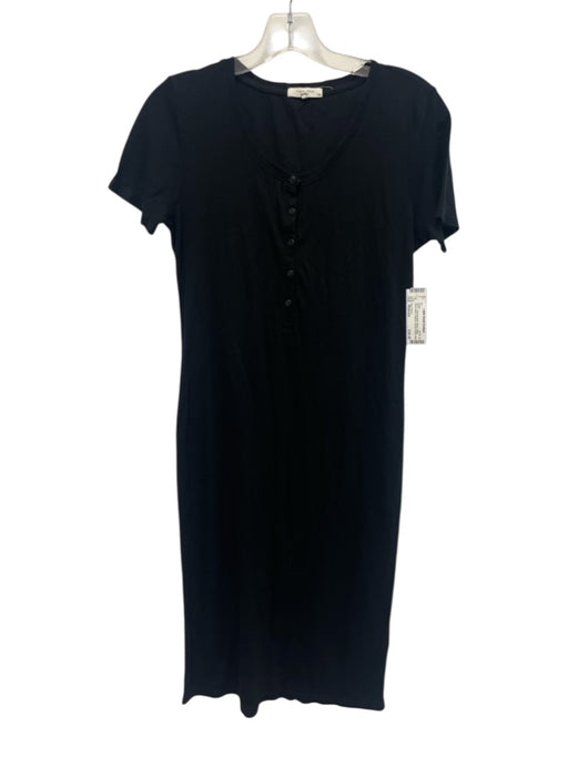 Rag & Bone Size Medium Black Cotton Short Sleeve Ribbed Quarter Button Dress Black / Medium