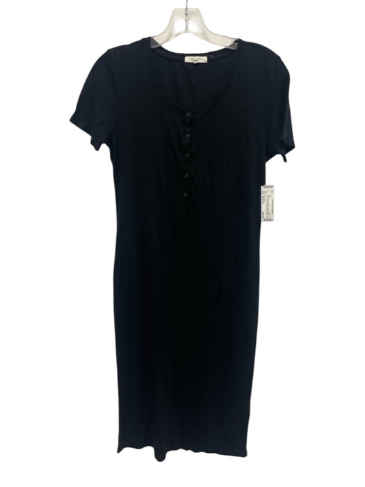 Rag & Bone Size Medium Black Cotton Short Sleeve Ribbed Quarter Button Dress Black / Medium