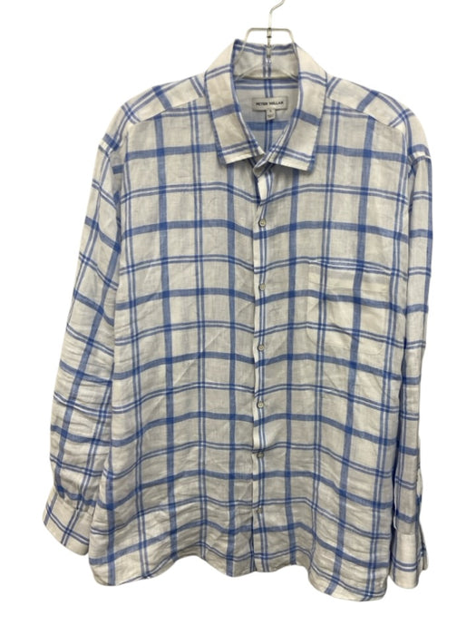 Peter Millar Size L White & Blue Linen Grid Button Up Men's Long Sleeve Shirt White & Blue / L