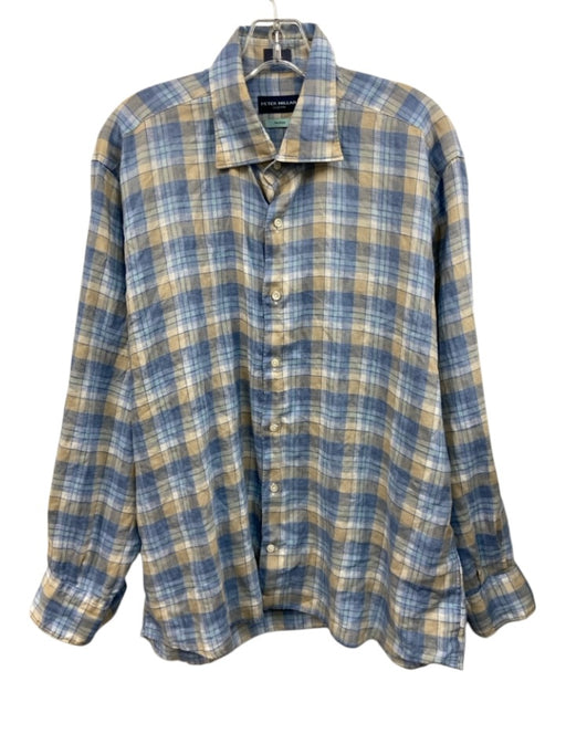 Peter Millar Size L Blue & Beige Linen Plaid Button Up Men's Long Sleeve Shirt Blue & Beige / L