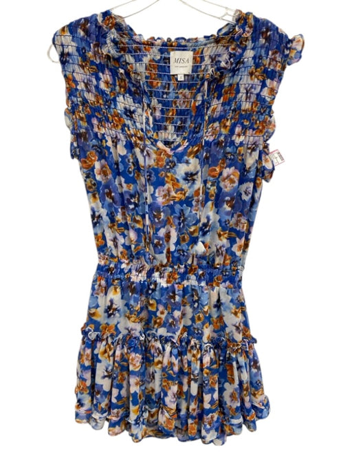 Misa Size S blue floral Polyester Front Tie Rouched Sleeveless Mini Dress blue floral / S