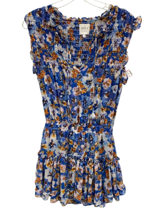 Misa Size S blue floral Polyester Front Tie Rouched Sleeveless Mini Dress blue floral / S