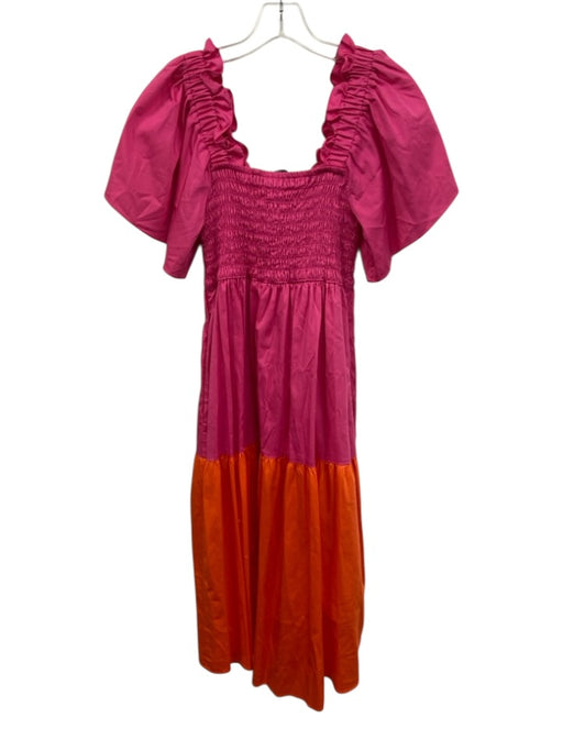Crosby Size Est. S/M Pink & Orange Cotton with pockets Puff Sleeve Rouched Dress Pink & Orange / Est. S/M