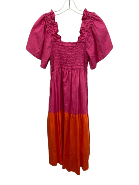 Crosby Size Est. S/M Pink & Orange Cotton with pockets Puff Sleeve Rouched Dress Pink & Orange / Est. S/M