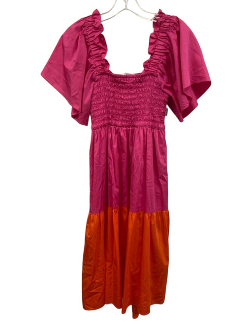 Crosby Size Est. S/M Pink & Orange Cotton with pockets Puff Sleeve Rouched Dress Pink & Orange / Est. S/M