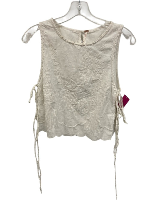 Free People Size XS White Polyester Embroidered Floral Tie Sides Sleeveless Top White / XS