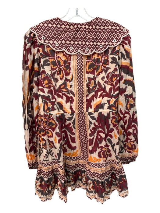 Farm Rio Size M Cream, Red, Orange, Brown Cotton Long Sleeve 1/2 Button Dress Cream, Red, Orange, Brown / M