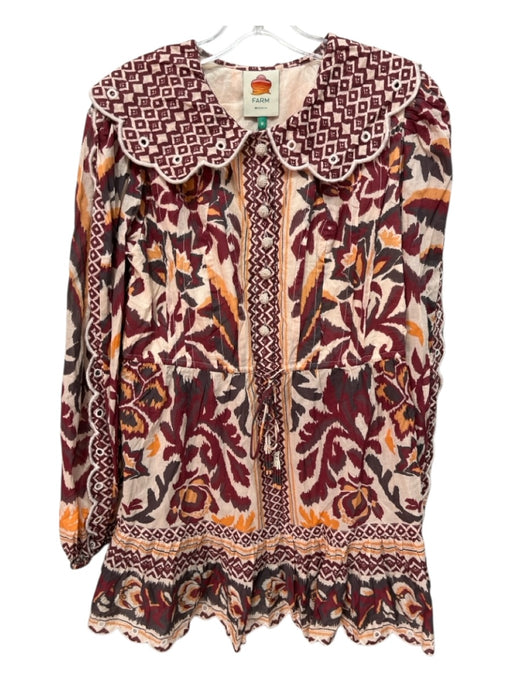 Farm Rio Size M Cream, Red, Orange, Brown Cotton Long Sleeve 1/2 Button Dress Cream, Red, Orange, Brown / M