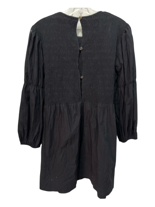 Ganni Size 40 Black Cotton Long Sleeve Smocked Waist Button Up Back Dress Black / 40