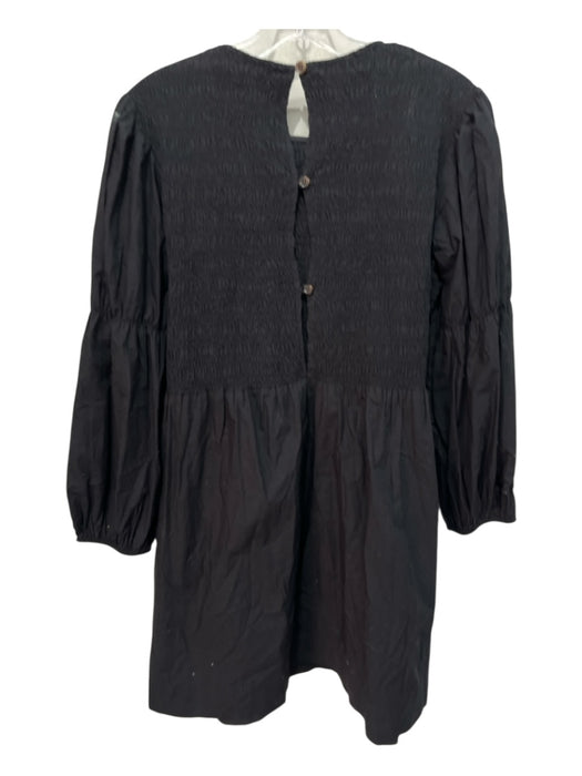 Ganni Size 40 Black Cotton Long Sleeve Smocked Waist Button Up Back Dress Black / 40