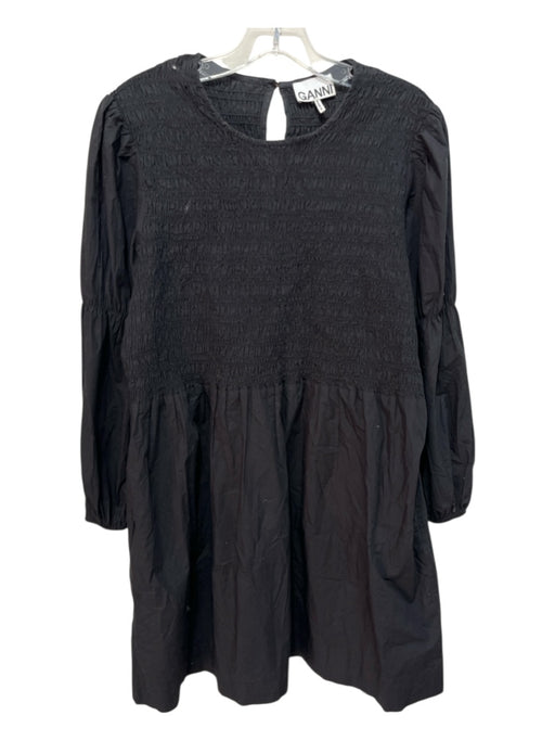 Ganni Size 40 Black Cotton Long Sleeve Smocked Waist Button Up Back Dress Black / 40