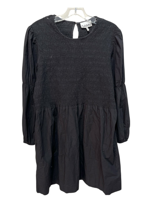 Ganni Size 40 Black Cotton Long Sleeve Smocked Waist Button Up Back Dress Black / 40
