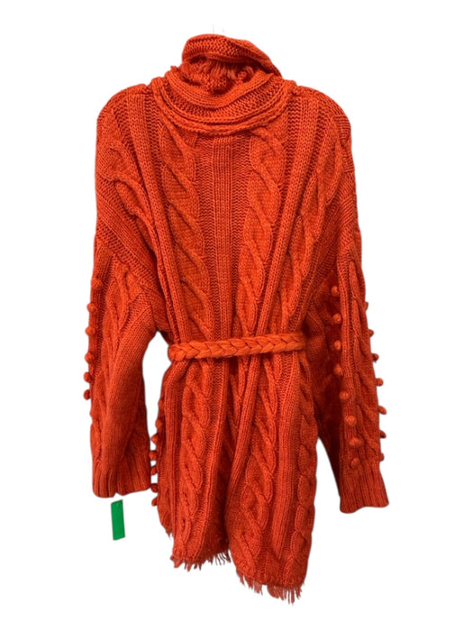 Farm Rio Size L Hot Orange Acrylic Blend Long Sleeve Fringe Ball Detail Cardigan Hot Orange / L