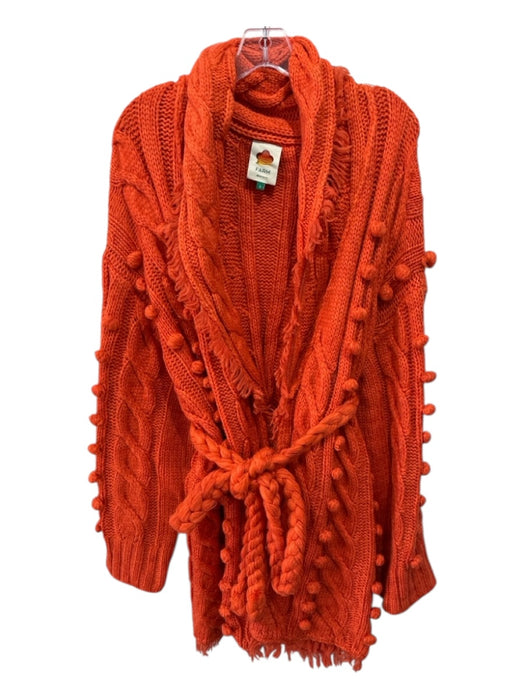 Farm Rio Size L Hot Orange Acrylic Blend Long Sleeve Fringe Ball Detail Cardigan Hot Orange / L