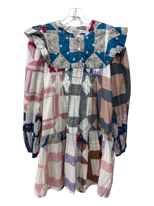 Sea New York Size M White, Blue, Multi Cotton Long Sleeve Patchwork Dress White, Blue, Multi / M