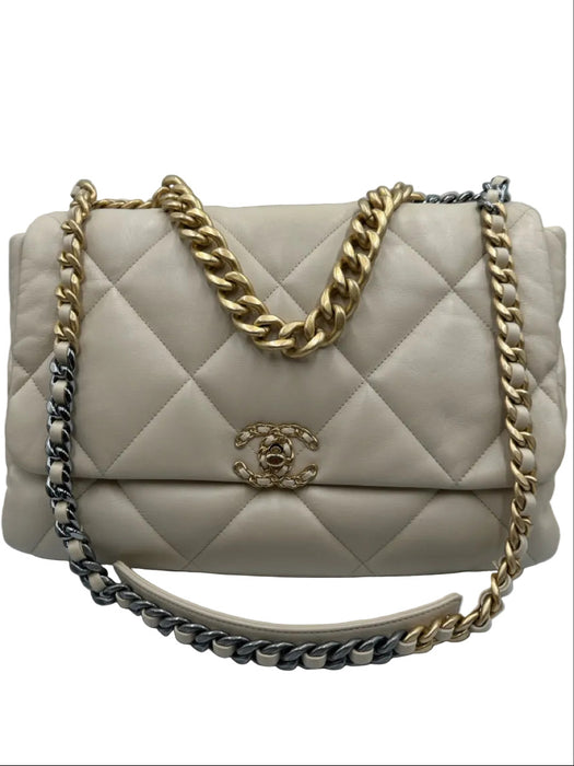Chanel Beige Leather turn lock Quilted Flap Two Tone Chain Bag